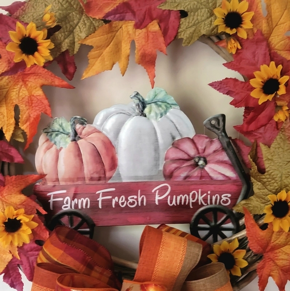Host Pick Fall Harvest Wreath Bows Pumpkins Sunflowers Oak Leaves - Picture 4 of 8